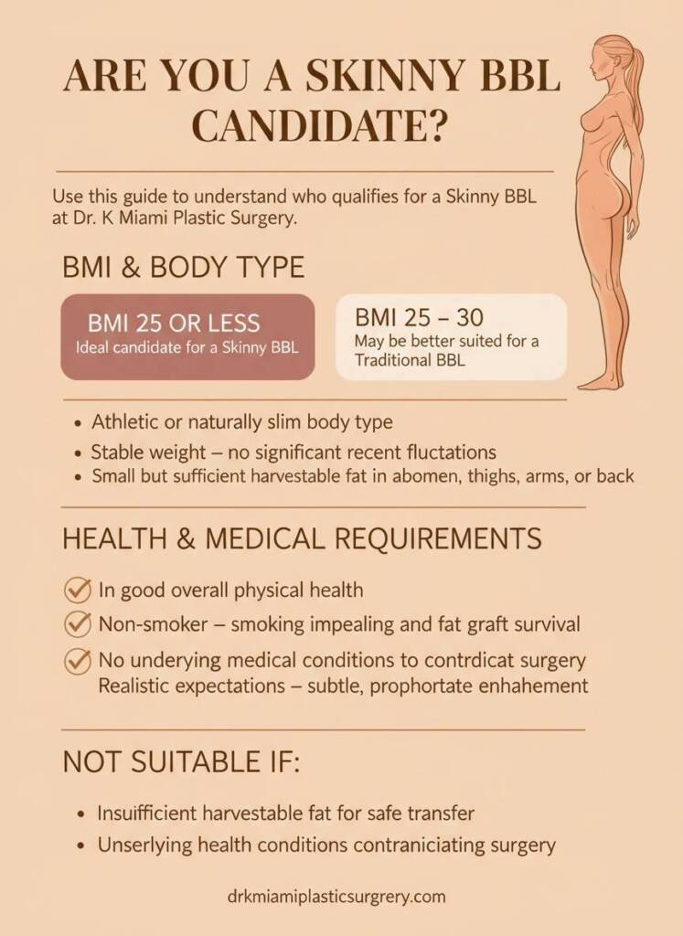 Skinny BBL ideal candidate profile showing BMI ranges and health criteria