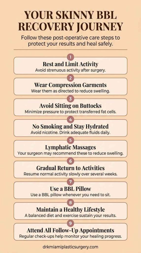 Skinny BBL recovery timeline showing immediate and long-term post-op care steps