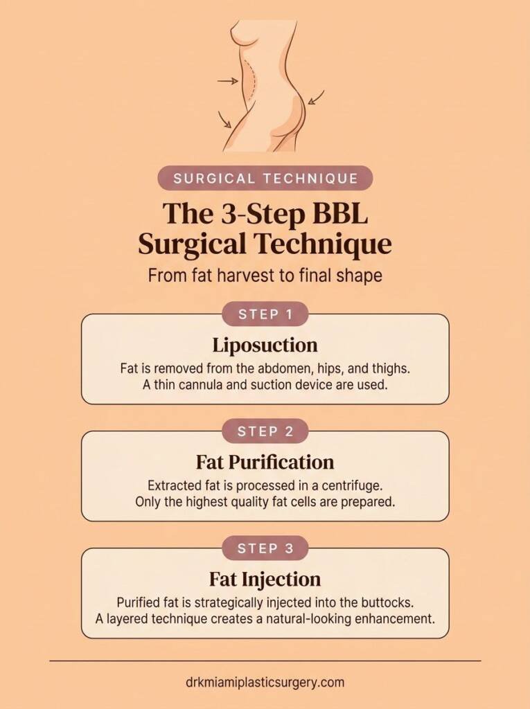 Three steps of BBL surgery: liposuction, purification, injection