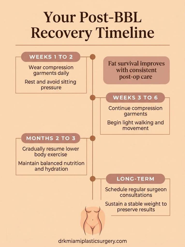 A post-BBL recovery timeline showing care steps from week one through long-term maintenance