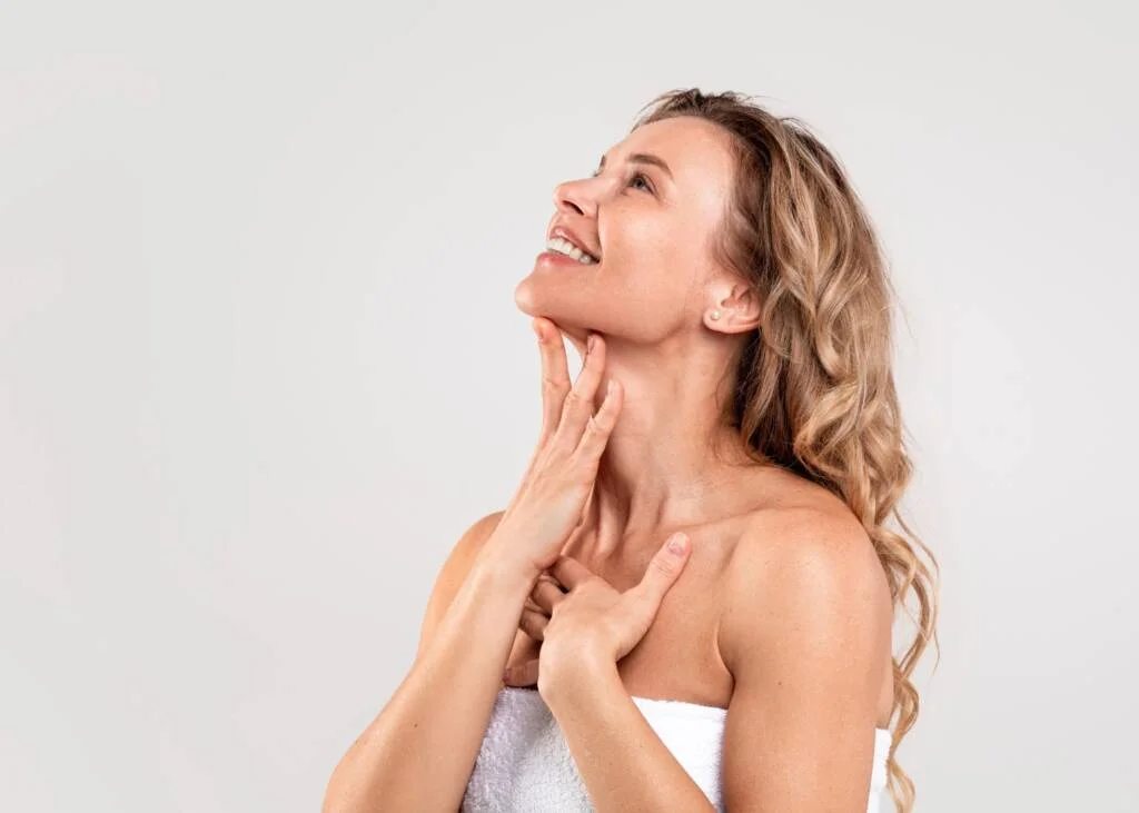 older woman with a tight pulled neck