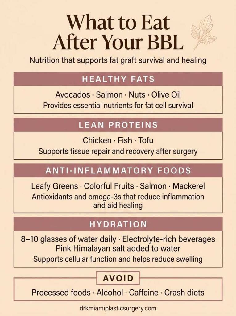 Post-BBL nutrition guide showing recommended foods and what to avoid for fat graft survival