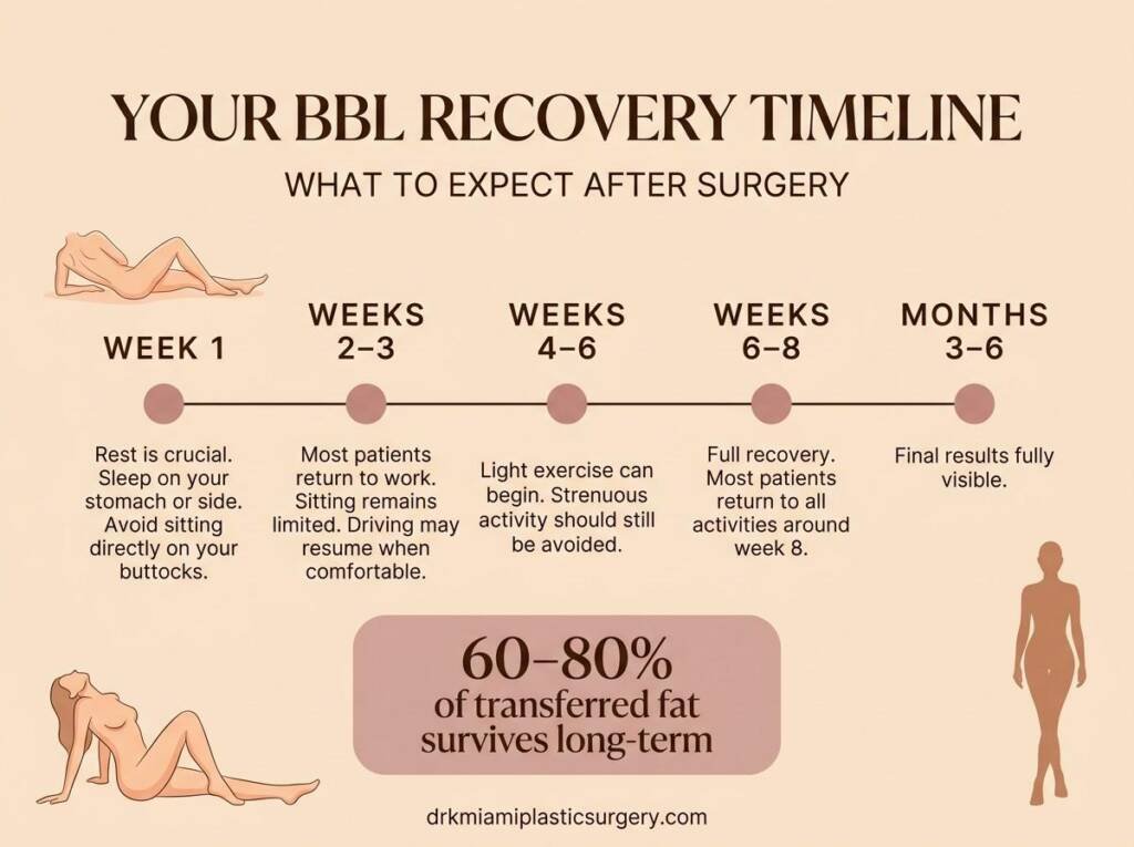 BBL recovery timeline showing weekly milestones from surgery to full results at 3–6 months