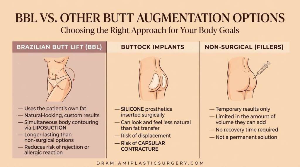 Comparison chart — BBL fat transfer vs buttock implants vs non-surgical fillers for butt augmentation