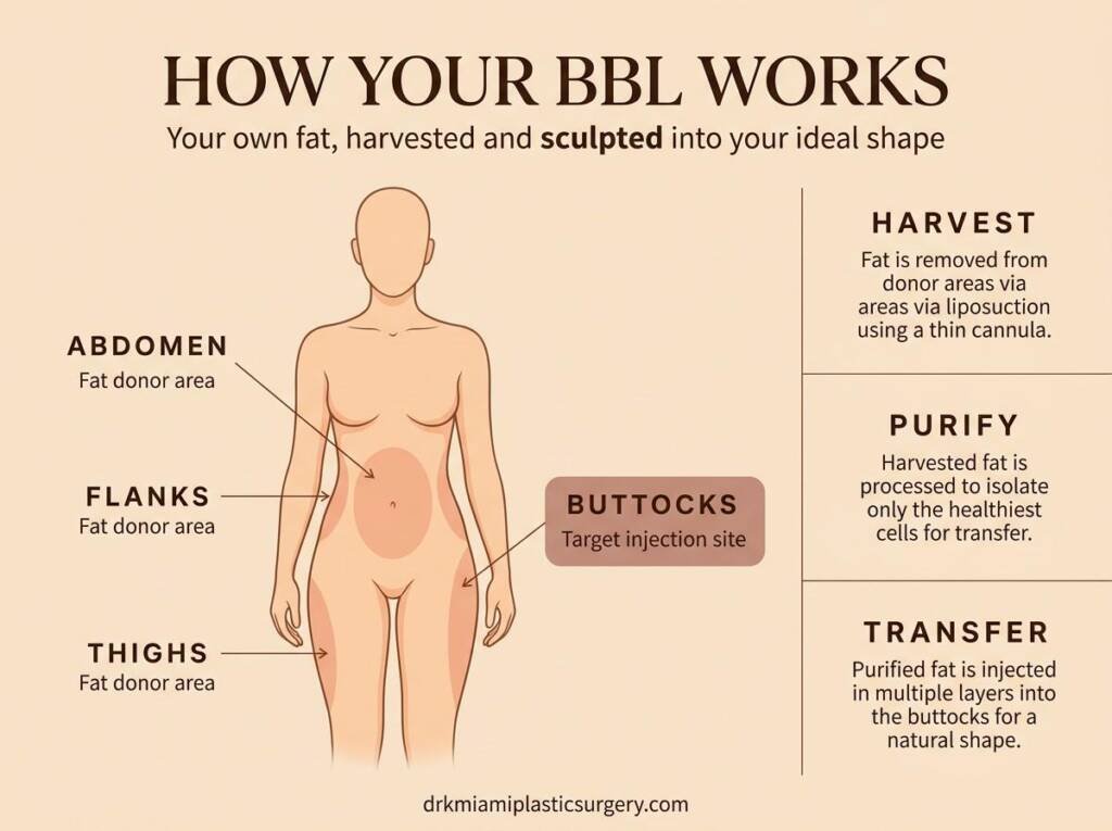 Diagram showing fat harvested from the abdomen, flanks, and thighs and transferred to the buttocks during a BBL procedure