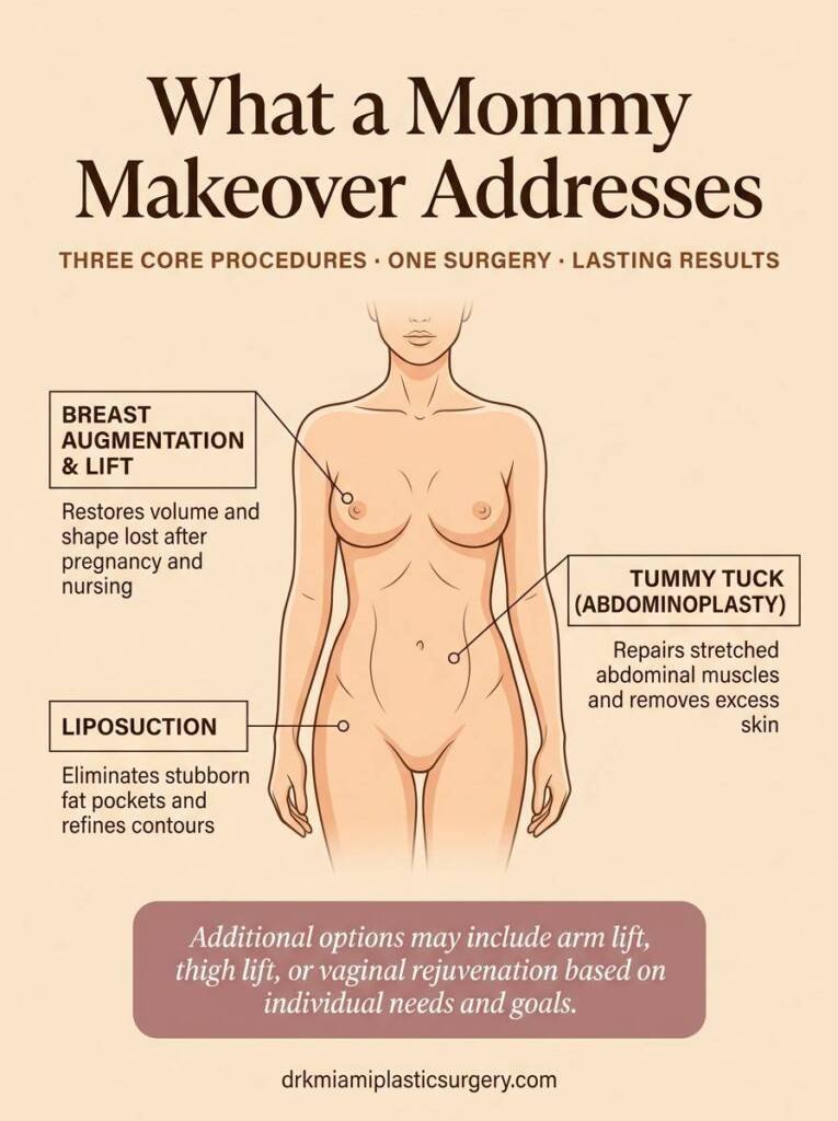 Illustrated body map showing which areas a mommy makeover addresses, including breasts, abdomen, and flanks