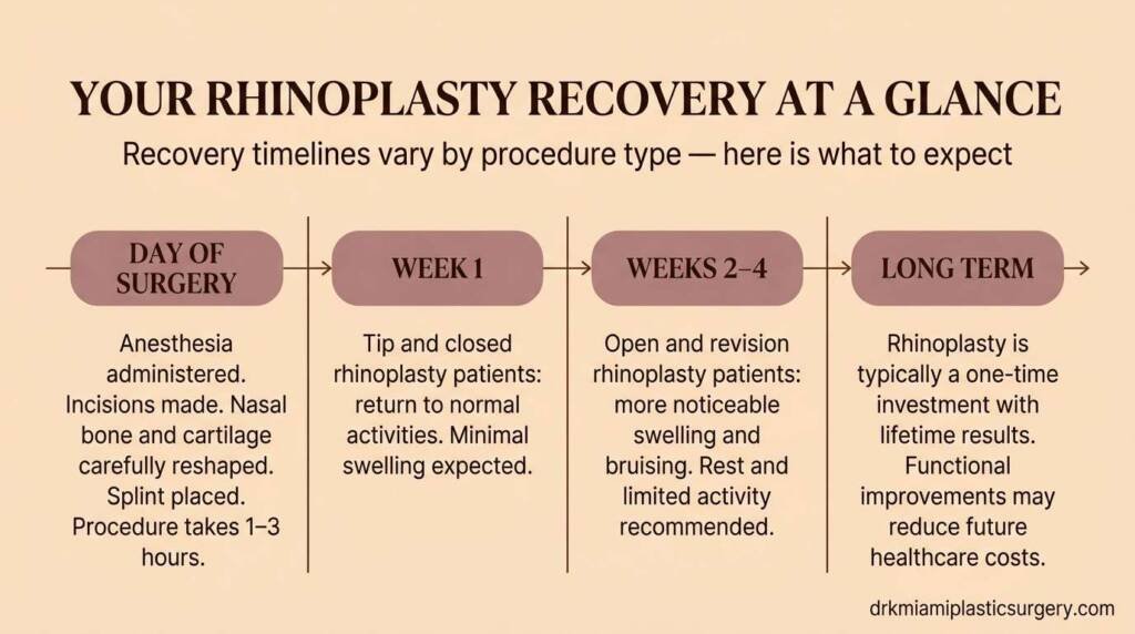 Rhinoplasty recovery timeline by procedure type