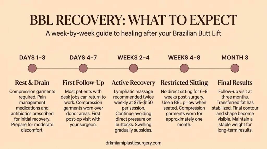 BBL recovery timeline showing milestones from surgery day through month three