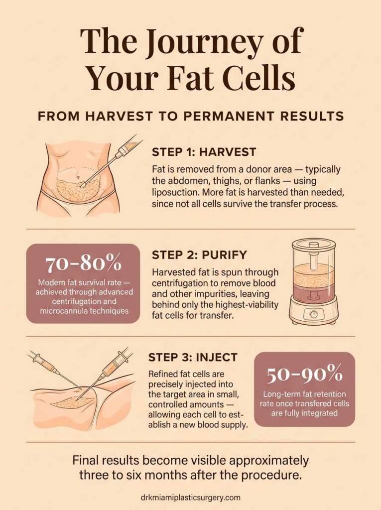 Diagram showing the three steps of fat transfer: harvest, purify, and inject, with fat cell survival rate statistics