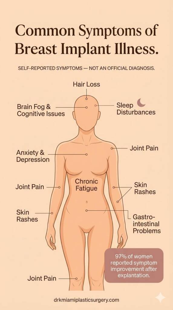 Illustrated body map showing common Breast Implant Illness symptoms by location