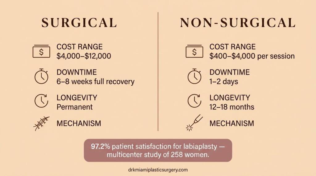 Surgical vs. non-surgical vaginal rejuvenation comparison showing cost, recovery time, and results longevity