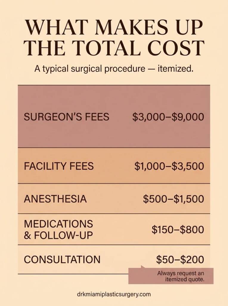 Breakdown of vaginal rejuvenation total cost showing surgeon fees, facility fees, anesthesia, and additional expenses