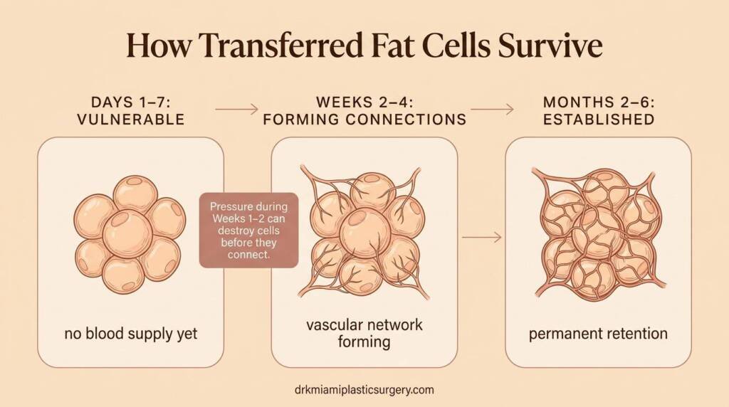 Diagram showing the three stages of BBL fat cell survival from transfer to full vascular integration over six months