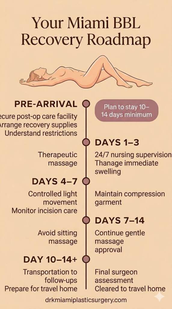 Step-by-step Miami BBL recovery timeline from surgery day through Day 14