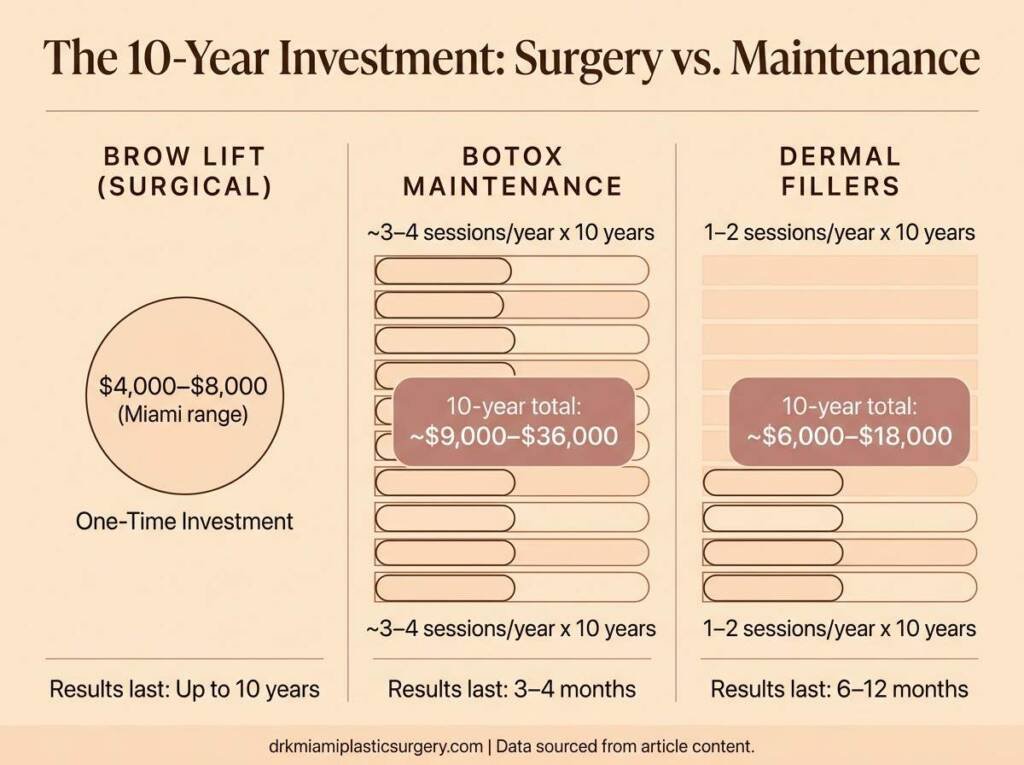 10-year cumulative costs of brow lift surgery versus Botox and dermal filler maintenance treatments