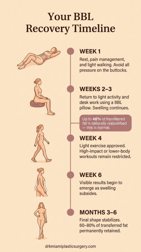 BBL recovery timeline showing milestones from week one through six months post-surgery