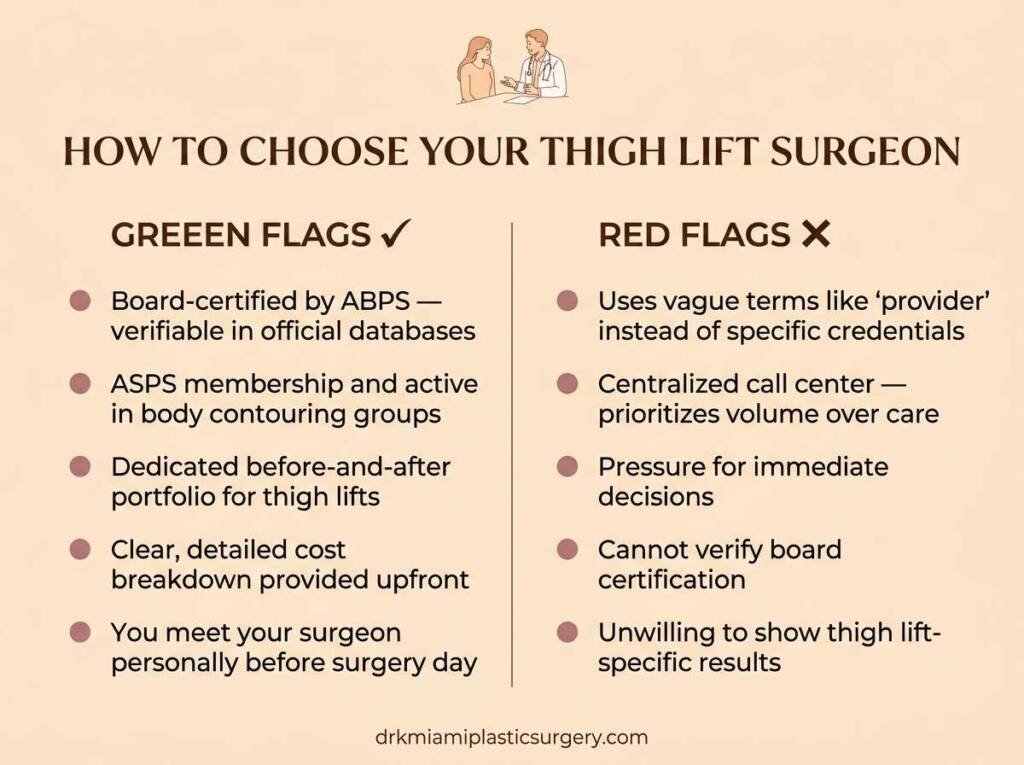 Side-by-side checklist of surgeon green flags and red flags to look for when choosing a thigh lift plastic surgeon.