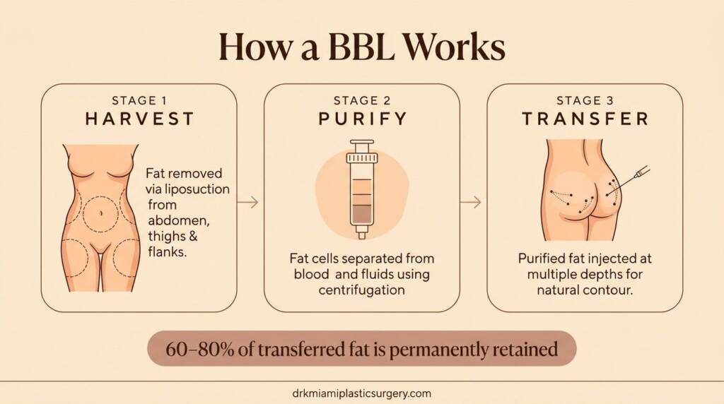 Diagram showing the three-step BBL fat transfer process: liposuction, purification, and injection