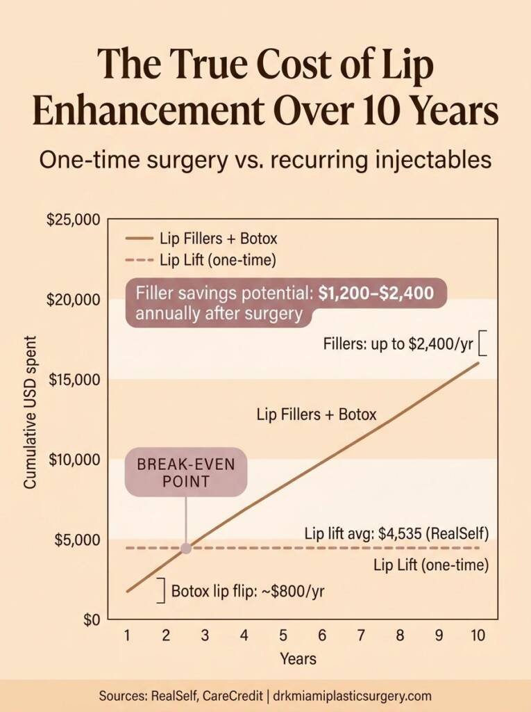Chart comparing cumulative lip filler costs versus a one-time lip lift over 10 years