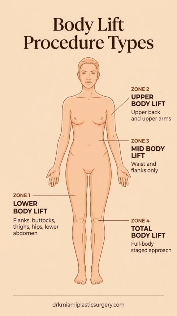Diagram showing the four body lift procedure types and the body zones each targets