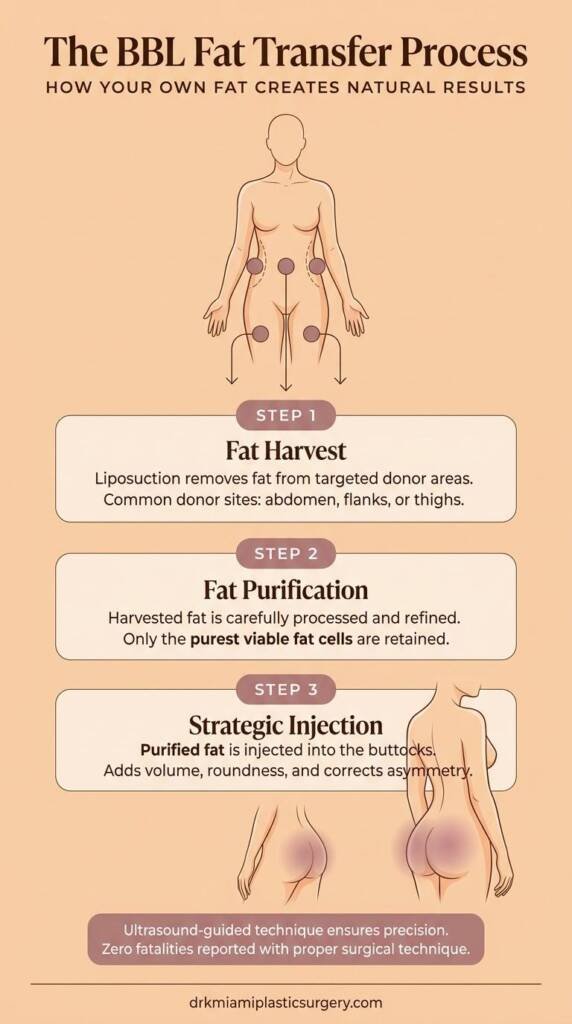 Step-by-step diagram of the Brazilian Butt Lift fat transfer process