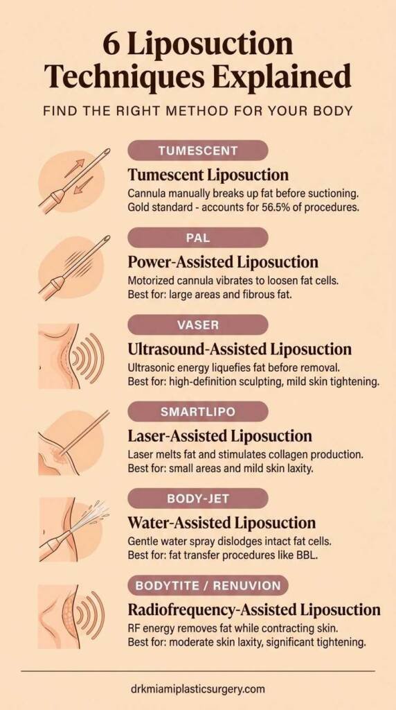 Six illustrated liposuction techniques showing mechanism and best use