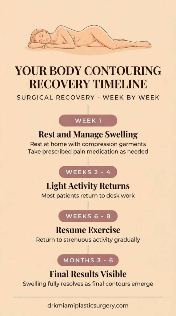 Body contouring surgical recovery timeline from week one to six months