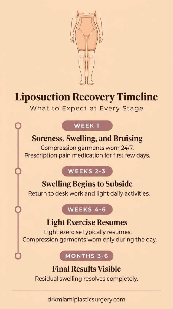 Liposuction recovery timeline showing four stages of healing progress